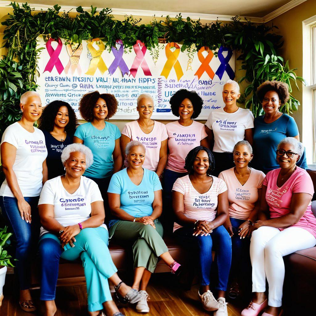 A diverse group of cancer survivors sharing their stories in a warm, sunlit room filled with plants. Each person displays a sense of strength and hope, with colorful ribbons representing different types of cancer around them. The background features uplifting quotes about resilience on the walls, creating an atmosphere of support and community. soft focus. vibrant colors. warm lighting.