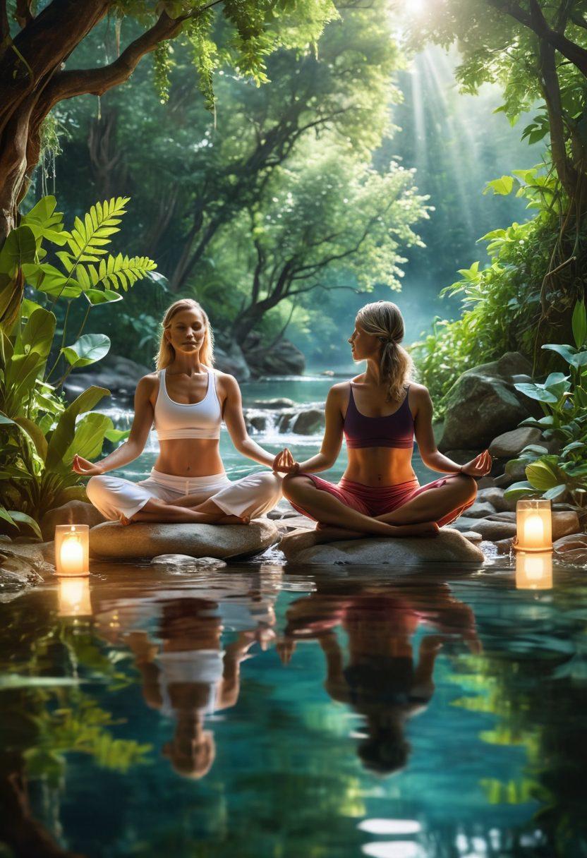 A serene landscape featuring a diverse group of cancer warriors engaging in holistic healing practices such as yoga, meditation, and herbal therapy, surrounded by lush greenery and calming water. Incorporate healing crystals and soft, glowing lights to evoke a sense of peace and hope. Create a balance of warmth and strength in their expressions, reflective of overcoming challenges. super-realistic. vibrant colors. natural elements.