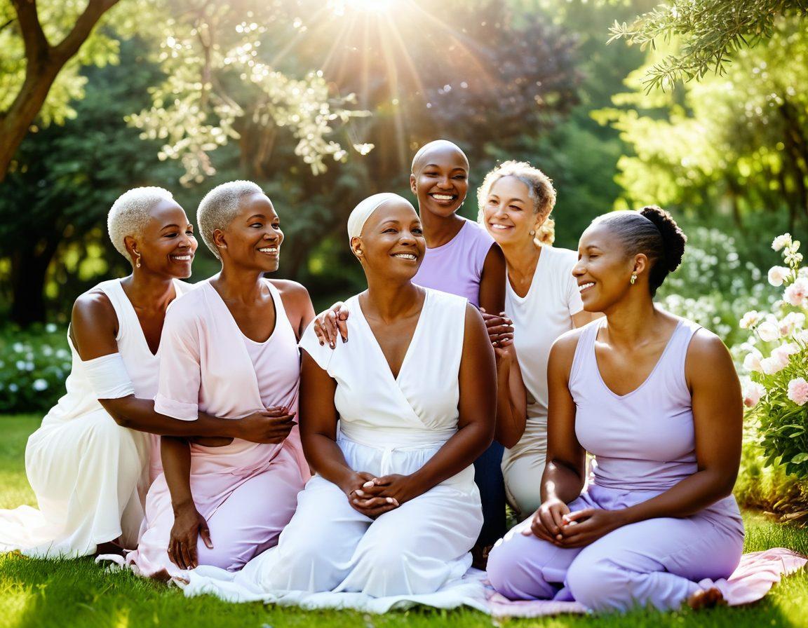 An uplifting scene featuring a group of diverse cancer survivors joyfully sharing their stories in a serene park setting, surrounded by blooming flowers and greenery. Include symbols of holistic treatments, such as essential oils and crystals, subtly integrated into the background. The sunlight creates a warm, inviting atmosphere, highlighting the strength and resilience of the individuals. soft focus, warm colors, vibrant, 3D.
